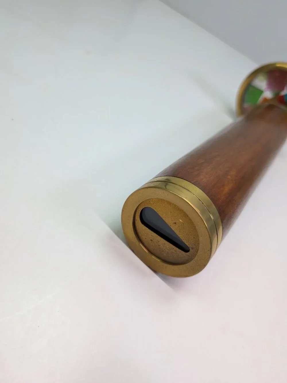 Vintage Pier 1 Imports Double Wheel Wooden Kaleidoscope Brass & Wood Teak Style